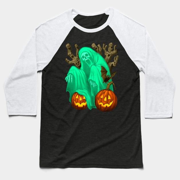 Vintage Halloween "Draw This In Your Style": Halloween Ghostcard Baseball T-Shirt by Chad Savage